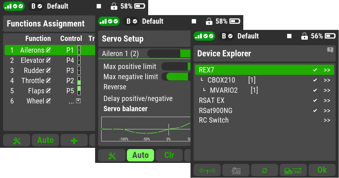 Function assignment, servo setup, device explorer