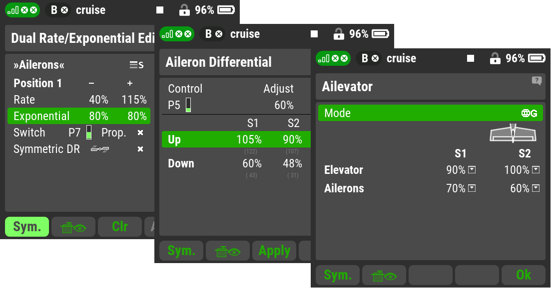 Dual/Expo Rates, Function curves, Aileron Differential, Ailevator