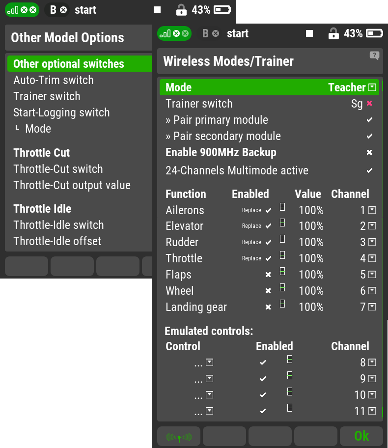 Other Model Options, Stick/Switch Setup, Wireless Modes/Trainer