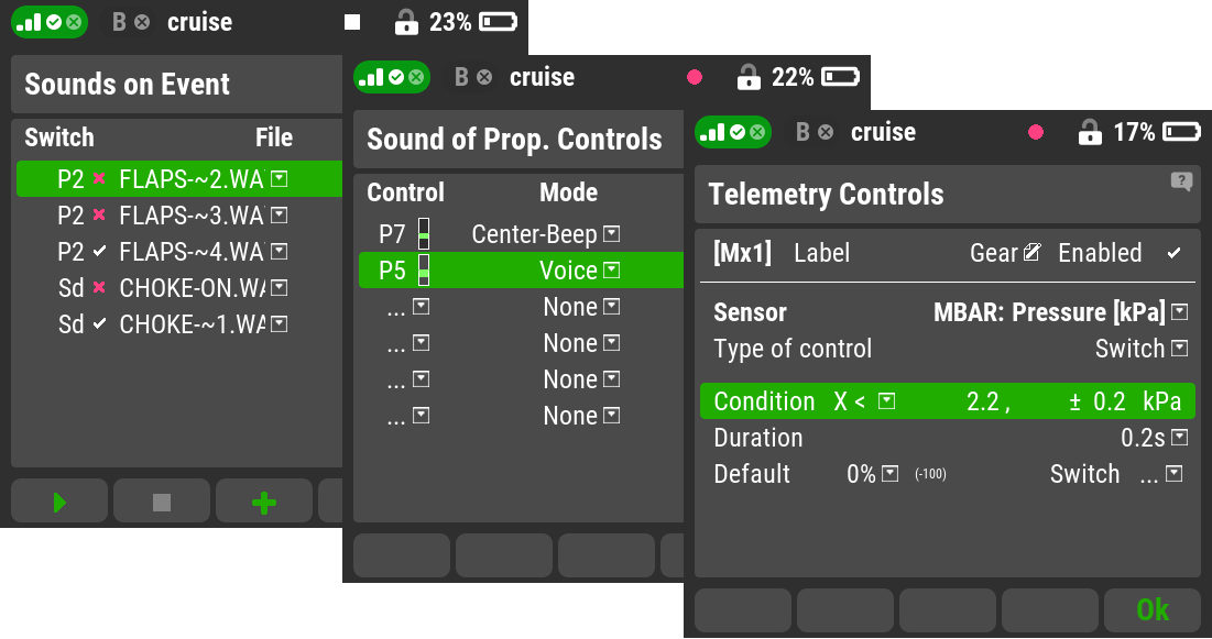 Sounds on Event, Sound of Prop. Control, Telemetry Controls
