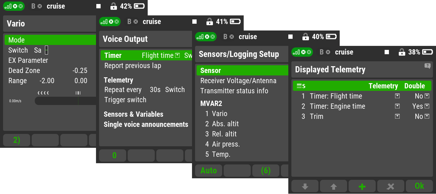 Vario, Voice Output, Sensors/Logging Setup, Displayed Telemetry