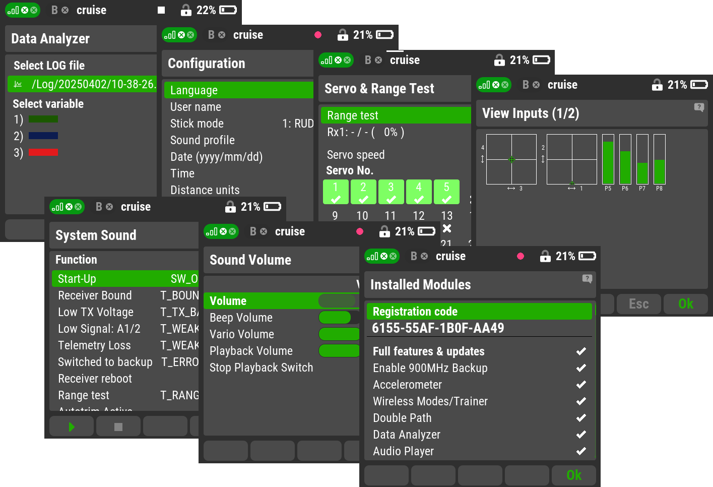 Data Analysis, Configuration, Servo - Range Test, View Inputs, System Sound, Sound Volume, Installed Modules
